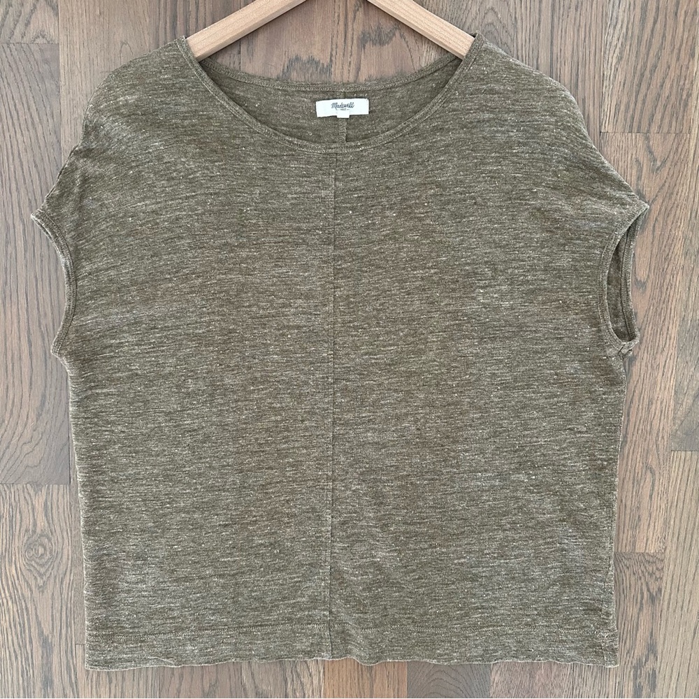 Madewell Cap Sleeve Miracle 100% Linen Tee B9155 in Heather Olive Extra Small